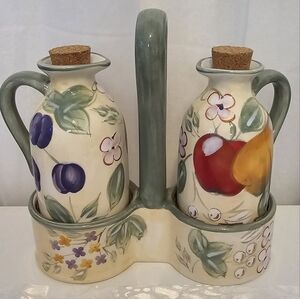 Gibson Home Fruit Grove Cruet Set Vinegar Oil Stand Ceramic Cork Stoppers Caddy